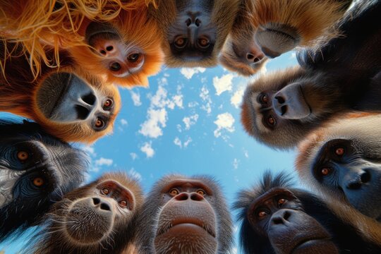 Group of Monkeys Observing Sky. Generative AI