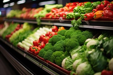 Abundant Display of Fresh Vegetables in Grocery Store. Generative AI