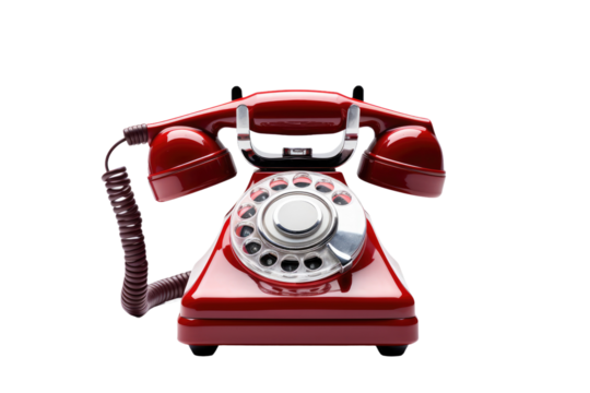 Vibrant Scarlet Telephone With Tangled Cord. On White or PNG Transparent Background.