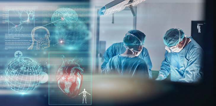 Doctors, hospital and surgery with global hologram of world in operating room with ppe, anatomy and brain icon. Surgeon, group and planet in icu, 3d earth and cardiology with heart overlay at clinic - Powered by Adobe