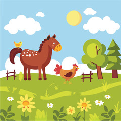 Obraz na płótnie Canvas Farm animals and farmer hen over a horse icon cartoon