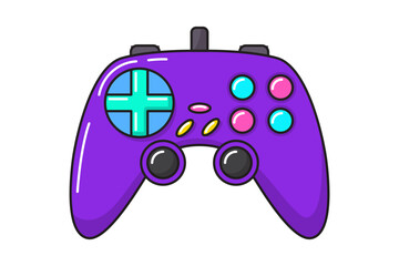 Vector game controller gamepad icon. Violet joystick element flat style isolated on white background. Retro gamer device