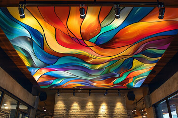 A bold, artistic ceiling featuring a large, abstract mural with vibrant colors and flowing shapes, illuminated by discreet track lighting.