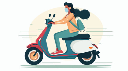 Woman with medical mask on a scooter Flat vector 