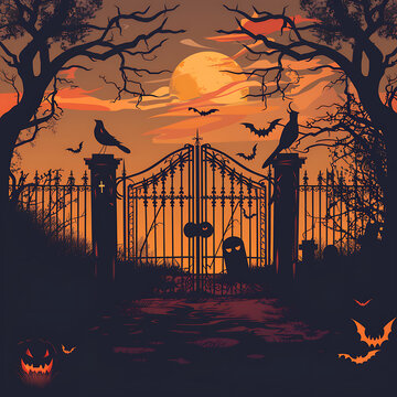 A gate surrounded by Halloween-themed decor, including a spooky cemetery gate design as its backdrop