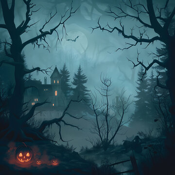 An eerie illustration depicting a haunted forest on Halloween, filled with horror and fear. The landscape is unsettling, shrouded in mist and mystery, evoking a sense of spookiness.