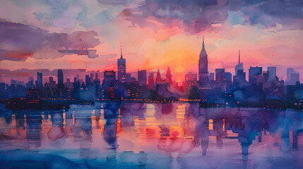 Watercolor painting capturing the iconic skyline of a bustling city at sunset, with the warm glow reflecting off the buildings,  