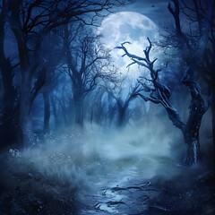 A mystical forest adorned with a moonlit pathway shrouded in fog, evoking the ambiance of Halloween. - obrazy, fototapety, plakaty