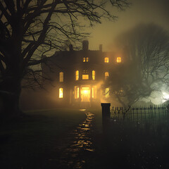 Mysterious Allure: The Haunting Beauty of the Fog-Enshrouded Manor Under Moonlight