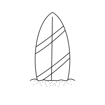 A surfboard is drawn in black and white. The surfboard is on a beach and is leaning against the sand