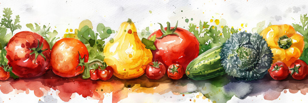 Watercolor painted collection of vegetables fresh colorful veggies background, watercolor illustration 