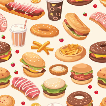 Fast food seamless background cartoon vector illust