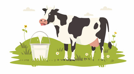 A cheerful cow and a bucket of fresh milk on a green