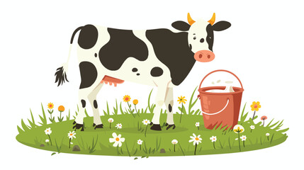 A cheerful cow and a bucket of fresh milk on a green