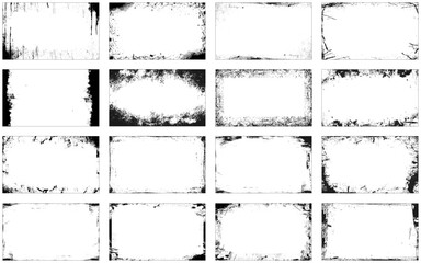 Set of black grunge frames isolated on transparent background. Collection of 16 grunge border frames. Grunge style design - obrazy, fototapety, plakaty