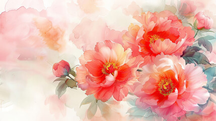 Watercolor Peonies Horizontal Backdrop,  Mothers day concept  
