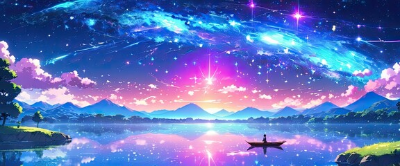 The silence of the lake with starlight galaxy, ethereal glow, calmness - obrazy, fototapety, plakaty