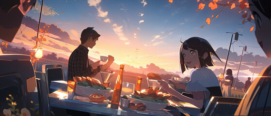 anime - style scene of a couple having a meal at a table - obrazy, fototapety, plakaty