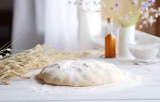 dough and flour cooking on white wooden plate on white wooden ta