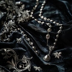 Shimmering silver jewelry against a dark velvet background, highlighting the elegance and allure of contrast in textures