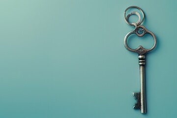 Silver key with space for message on keychain, against a soft blue background, representing the start of a new home era