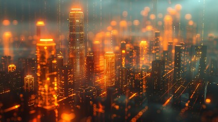 Fototapeta premium Innovative cityscape with glowing data points and bar graphs represents tech