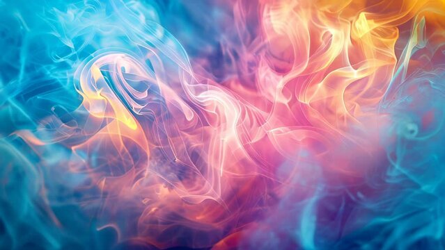Vivid plumes of smoke in blue, pink, orange and yellow intertwine and dance, swirling together to form abstract patterns. 