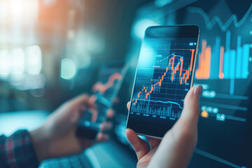 Close up hand of a businessman holding a smartphone and stock market graph on screen. Stock market investment and trading concept.