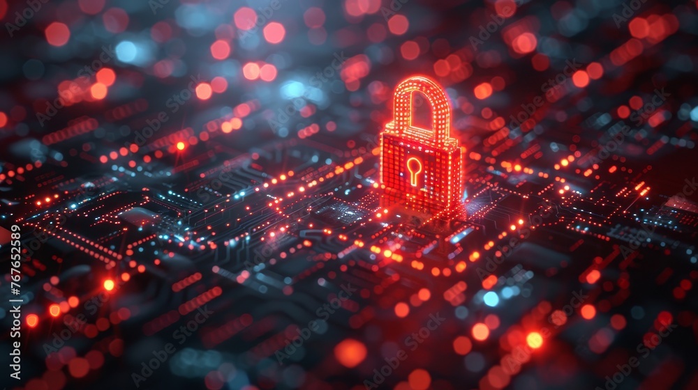 Wall mural stock photography-style digital background showcases red padlock icon on glowing data code