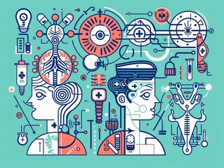 Show the essence of alternative medicine through a composition that combines traditional symbols with futuristic motifs , Minimalist cartoon style