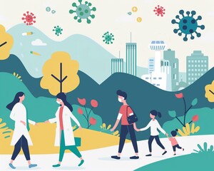 Using colors and shapes, depict a visualization of disease prevention in the modern age , Minimalist cartoon style