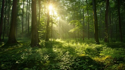 Fototapeta na wymiar The environment: A peaceful forest glade bathed in sunlight