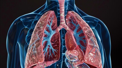 Depict the delicate exchange of gases within the lungs in pulmonology , unique hyper-realistic illustrations - obrazy, fototapety, plakaty