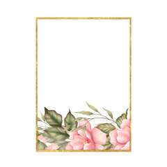 Gold frame with pink rose flower. Floral Wedding card decor - 767652995