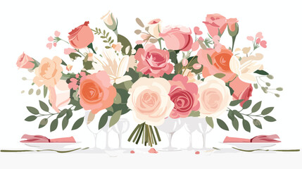 Bouquet on the wedding table.. flat vector isolated outline