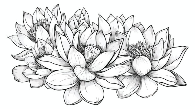 Bouquet of lotus flower hand drawn pencil sketch 