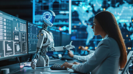 People working with mechanized robot in a modern tech environment, symbolizing AI collaboration and futuristic workplaces