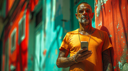 Latin man using cell phone on the street