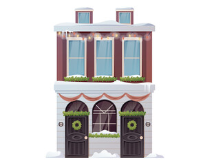 Exterior and architecture of a modern multi-storey building. Residential cartoon house in a classic style, decorated with Christmas garlands and wreaths. Vector isolated illustration.
