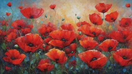 Artistic interpretation of a bright field of poppies against a textured, impressionist background