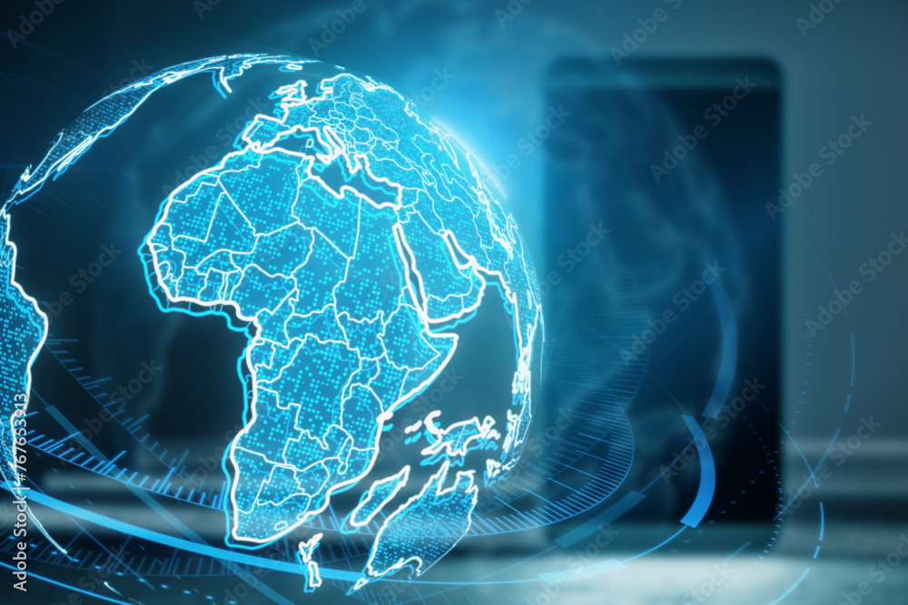 Poster close up of smartphone with glowing futuristic blue globe hologram on blurry background. digital inn