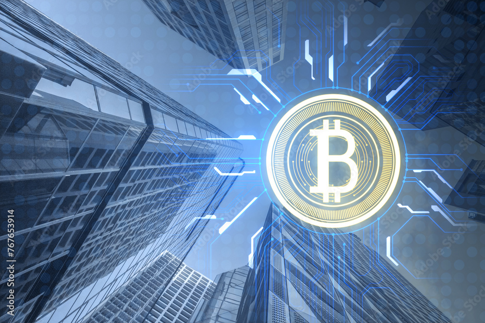 Aufkleber creative bitcoin circuit hologram on blurry city backdrop. cyber hologram concept. double exposure.