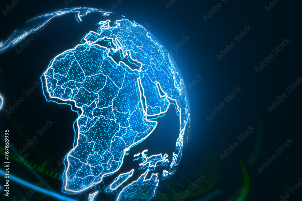Poster creative glowing futuristic blue globe hologram on blurry backdrop. digital innovation and technolog