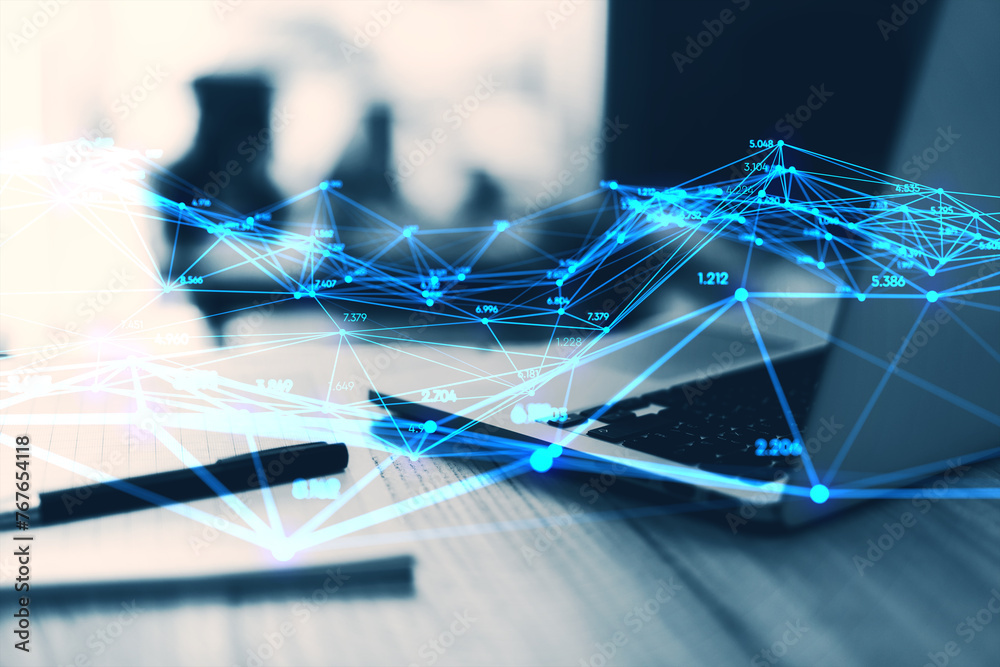 Poster close up of workplace with laptop, supplies and creative glowing polygonal interface on blurry backg