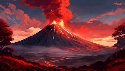 Erupted Volcano with Line of Smoke in Dark Dusk Sky, Anime inspired  - obrazy, fototapety, plakaty