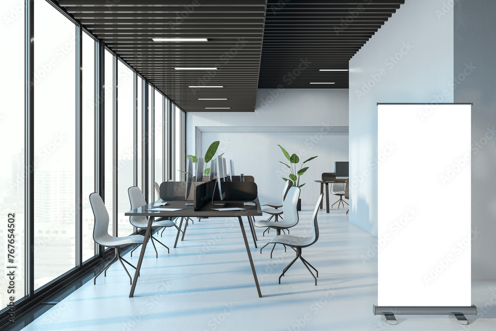 Poster modern bright coworking office interior with empty white mock up banner, panoramic window and city v