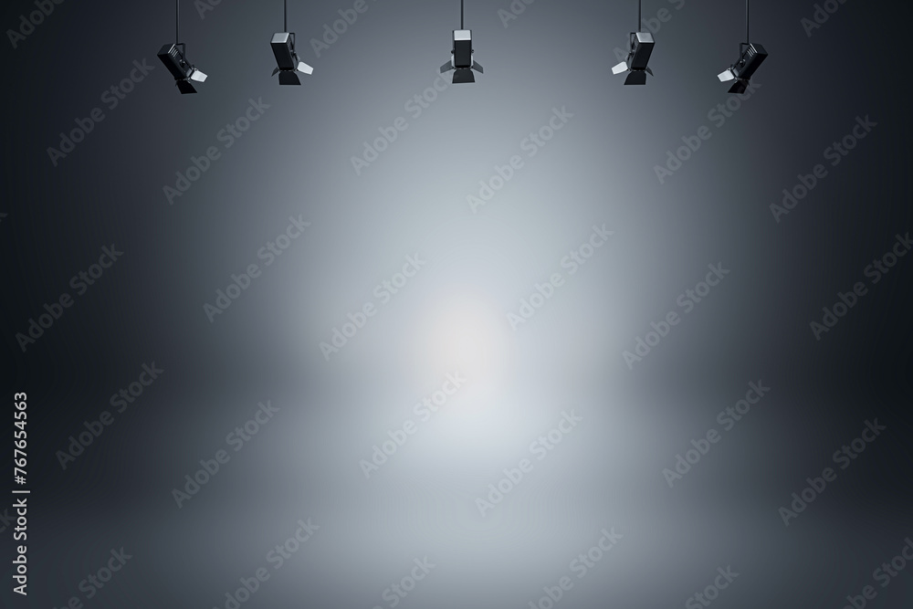 Poster Abstract studio background with focused spotlights on a dark backdrop. 3D Rendering