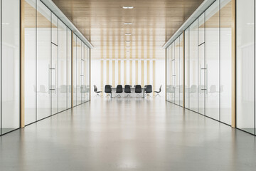 Minimalist meeting room with herringbone wood ceiling and glass walls. Corporate design. 3D Rendering