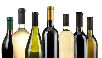 verschiedene Weinflaschen isoliert auf wei&szlig;en Hintergrund, Freisteller