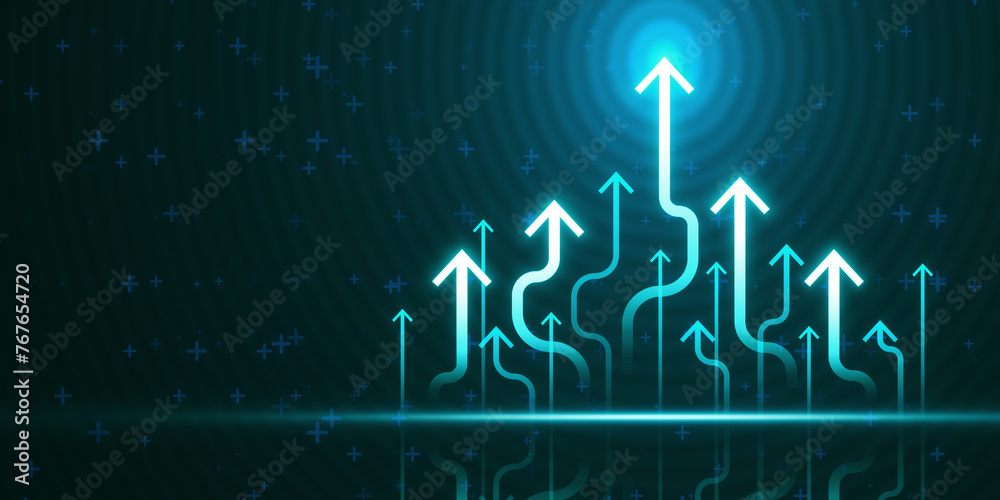 Poster Arrows pointing upwards on a digital neon blue background, representing growth or progress in technology or data network concepts. 3D Rendering